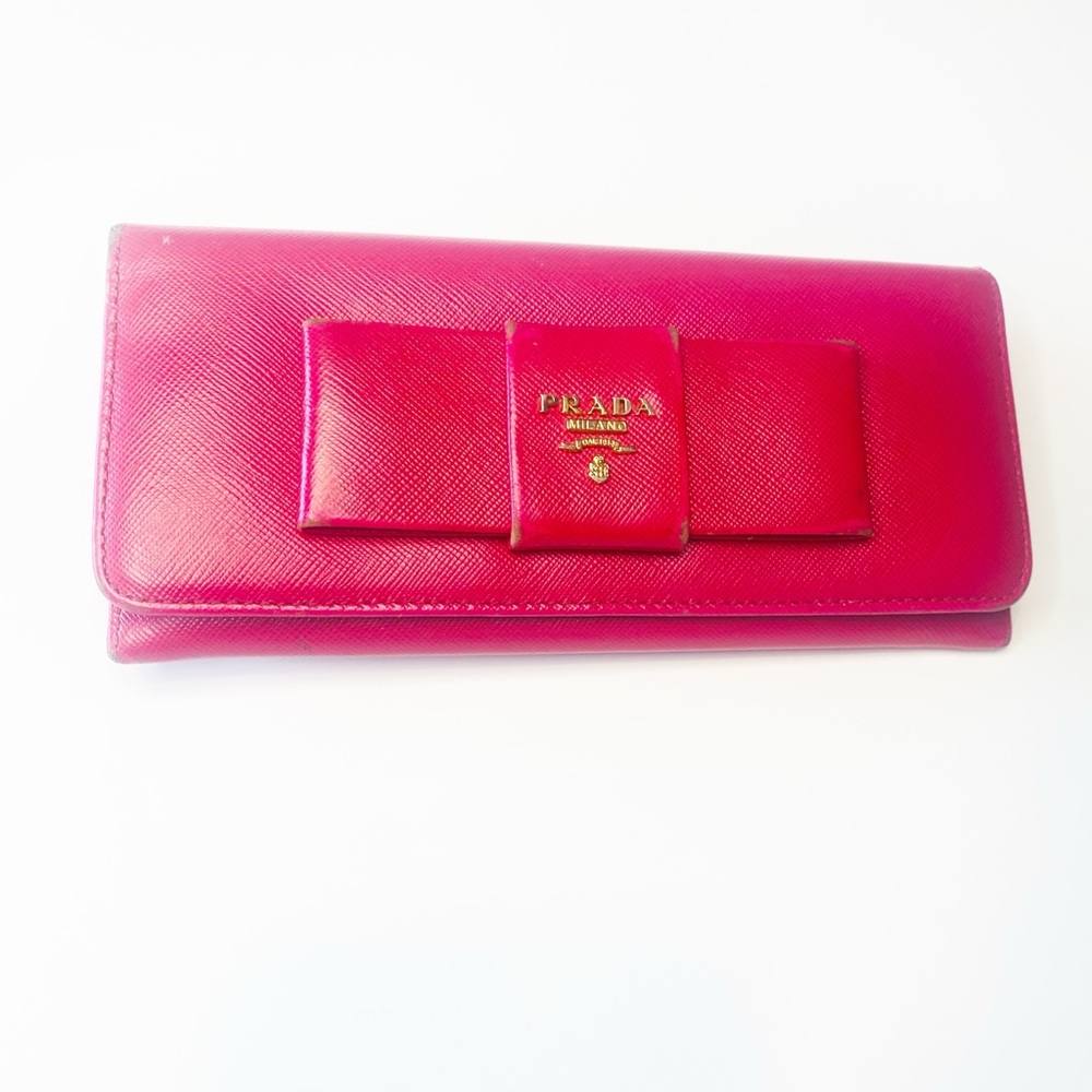 Prada Saffiano Leather Bow Peonia /Vibrant Pink with Gold toned Hardware Wallet